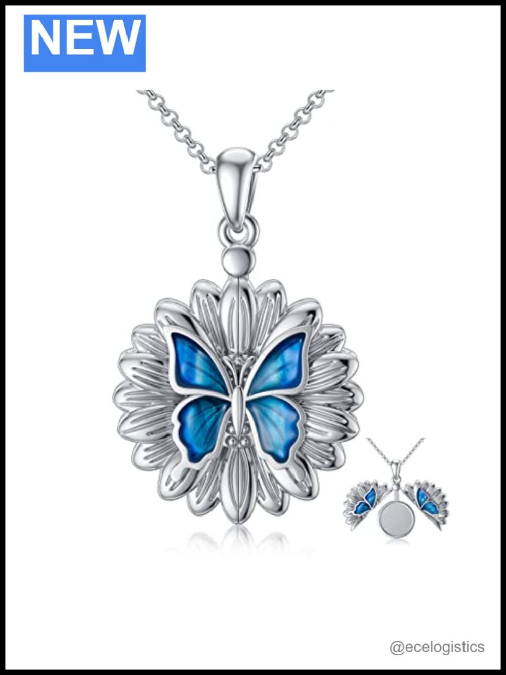 1 Inch Round Sunflower Butterfly Locket Necklace Sterling Silver Photo Holder